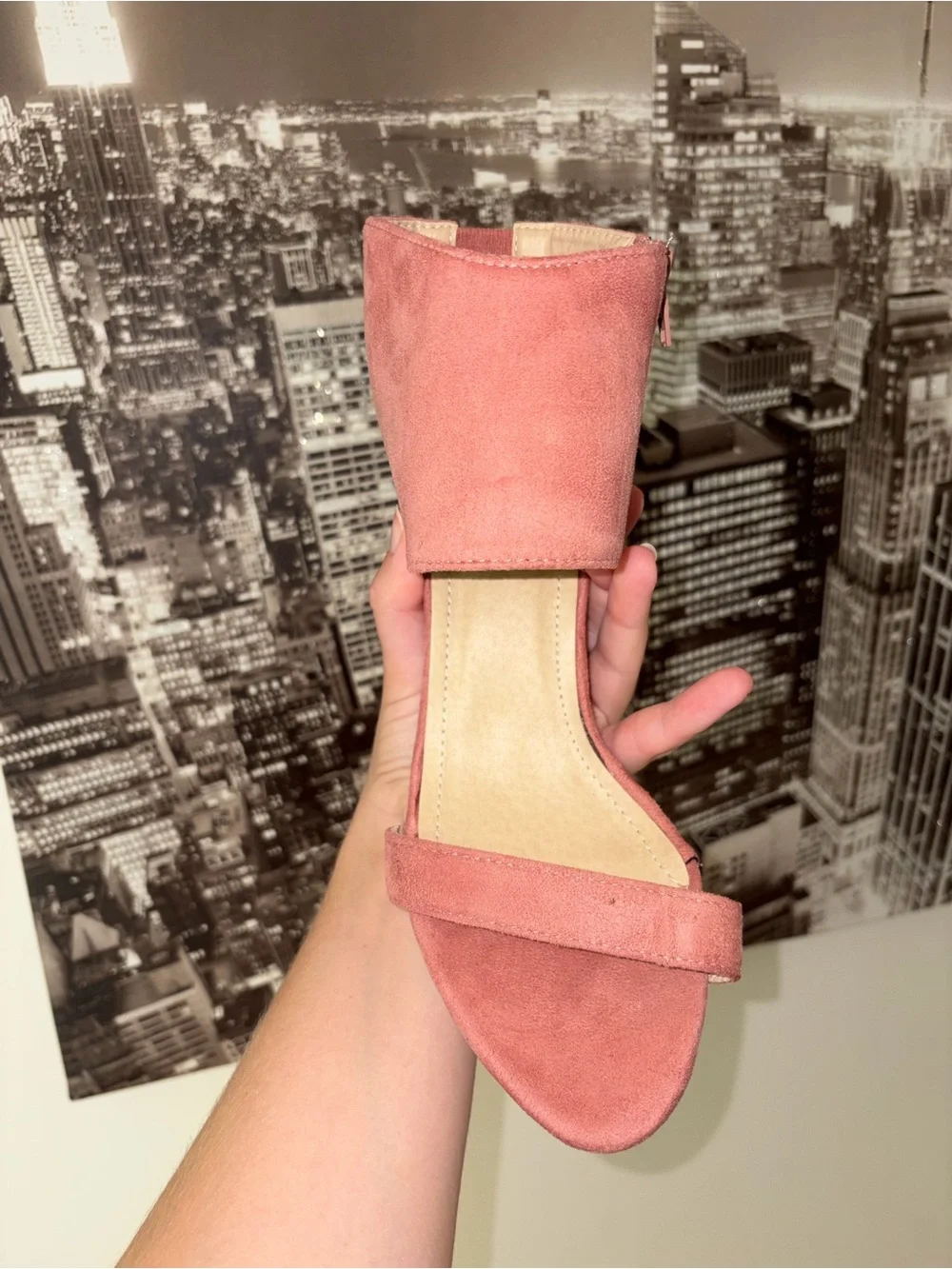 Suede Pink Block Heel Sandals with Ankle Strap